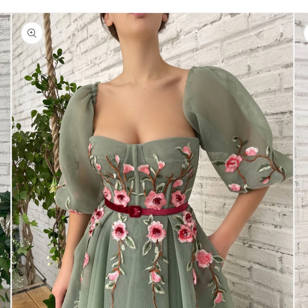 Teuta Matoshi Sage Green Maxi Dress with Pink Floral Embroidery - Picture 4 of 12